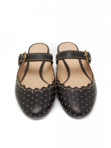 LAUREN Black leather and gold studs round toe flats Retail price €550 size 39