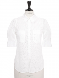 White cotton lace eyelet short-sleeved shirt Retail price €950 Size 36
