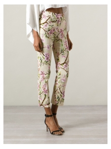 Pantalon droit beige imprimé fleurs de cerisier rose blanc vert Prix boutique $850 Taille XS