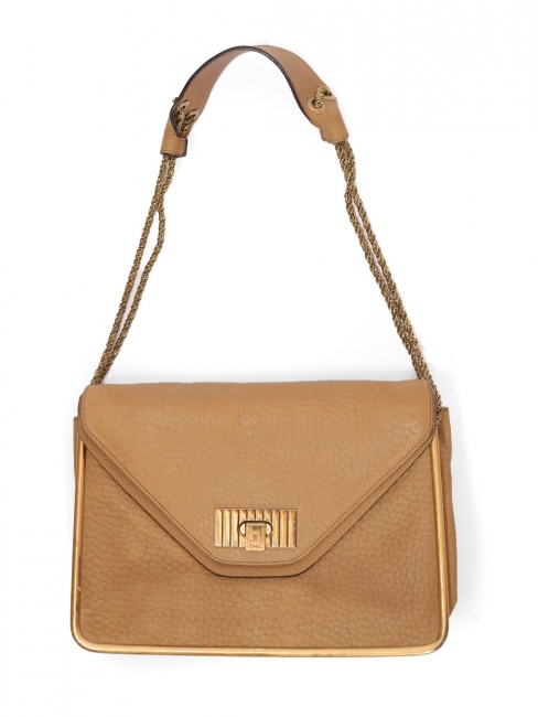 Sally light tan brown grained leather shoulder bag with gold brass chain and frame Retail price €1710