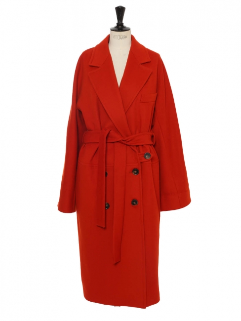 Manteau longue double boutonnière ceinturé en laine rouge brique Prix boutique 1690€ Taille 36 à 40