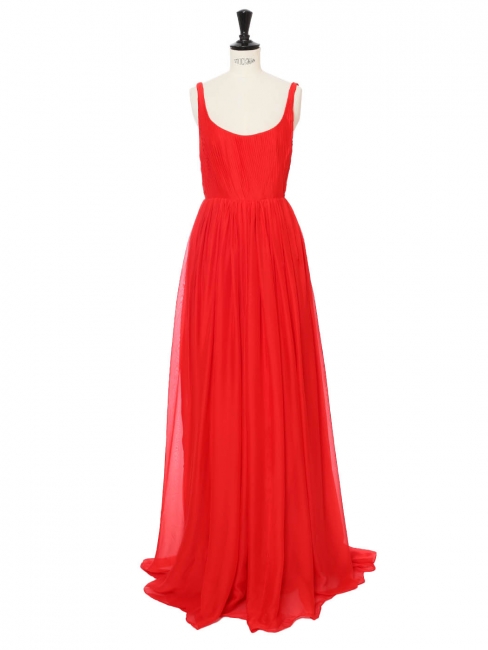V neckline open back bright red silk long evening dress  Retail price €1600 Size XXS