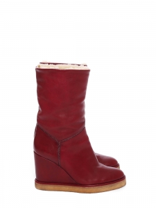 Dark red leather and cream white shearling wedge heel boots Retail 1000€ Size 37