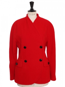 Fitted double-breasted jacket in vibrant red cashgora and virgin wool with black buttons Retail price €1200 Size 36/38