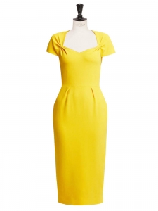 ANGIE yellow crêpe capped sleeve cinched midi cut dress Retail price €1460 Size 36