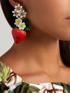 Green yellow and red strawberry fruit crystal embellished drop earrings Retail price $995