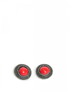 Dark metal round clip earrings with cherry red stone