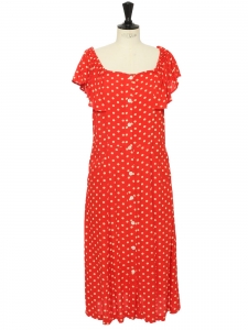 Bright red and beige polka dot crepe long dress with short sleeves Size S/M