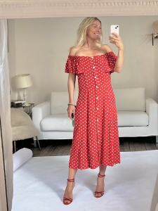Bright red and beige polka dot crepe long dress with short sleeves Size S/M