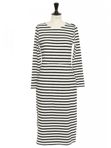 Black and white cotton striped midi length long sleeves dress Size S