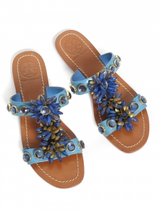 Flat sandals in blue leather embroidered with gold and blue jewels Retail price 450€ Size 37