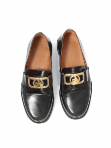 Mocassins bout rond en cuir glacé noir ornament doré Taille 38 Prix boutique 850€