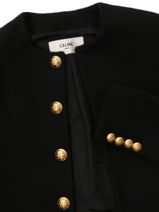 Thick black wool short jacket with engraved gold brass buttons Retail price €2800 Size 38