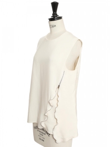 Cream white silk sleeveless round-neck top with silver zip Retail price 1300€ Size S/M