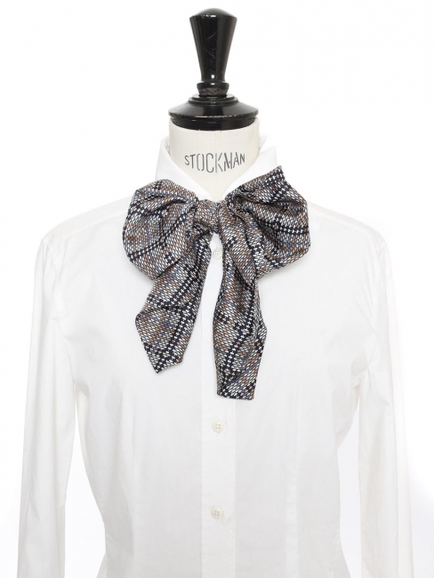 Blue brown cream printed silk scarf Retail price € 370