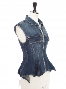 Blue denim sleeveless top jacket with silver zip Retail price 1200€ Size S