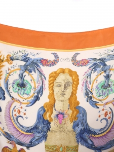 Foulard par FR FACONNET dieu CERES bleu orange rose violet  Prix boutique 530€ Taille 90 x 90