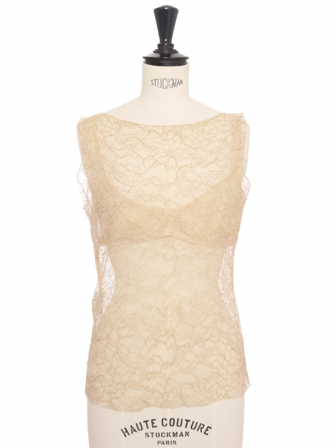 Beige nude sheer Calais lace sleeveless top Spring 2005  Retail price €8,500 Size 36