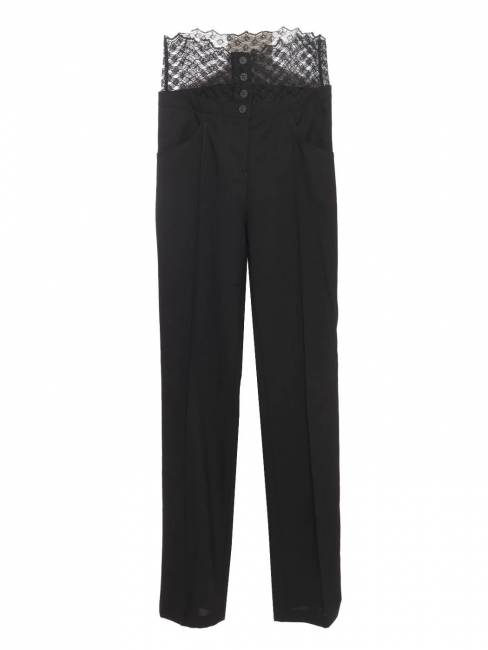 Pantalon droit en laine noir ceinture dentelle de calais Prix boutique 2500€ Taille 34