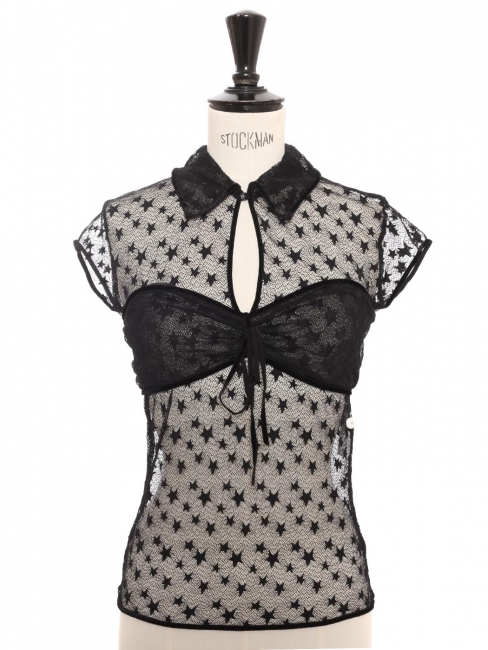 Black knit top with short sleeves, embroidered stars, velvet trim, and CC buttons Fall Winter Retail price €8,500 Size 36