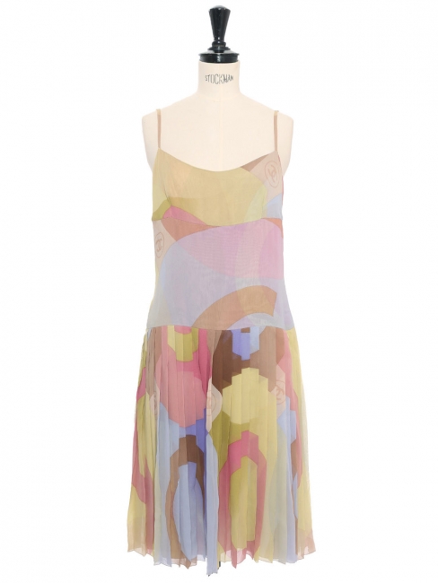 Robe à fines bretelles soie plissée imprimé violet anis et rose  Prix boutique 3000€ Taille XS