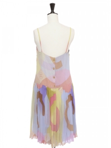 Robe à fines bretelles soie plissée imprimé violet anis et rose  Prix boutique 3000€ Taille XS