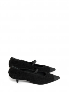 Black curly wool pointed toe pumps with CC gold signature and pearl CC logo Retail price €1,200 Size 38