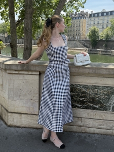 PETRA long black and white gingham belted dress Retail price €970 Size 36