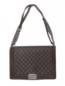 Dark gray quilted leather BOY bag, large model with silver chain Retail price €7,500
