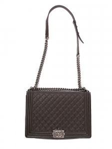 Dark gray quilted leather BOY bag, large model with silver chain Retail price €7,500