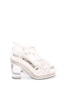 Heeled sandals in cream white leather, acetate, and silver Retail price €1,200 Size 38