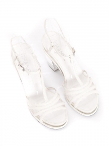 Sandales à talon en cuir blanc crème, acétate et argent Prix boutique 1200€ Taille 38