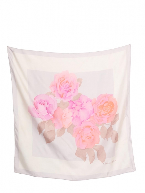 Foulard en soie gris détail fleurs rose Prix boutique 390€ Taille 76 x 76