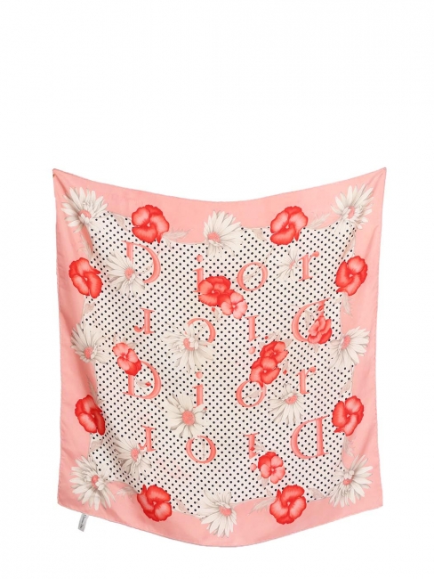100% silk Square scarf with black polka dots, white daisies and pink pansies. Retail price €390 68 x 68 cm