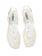 White patent leather flat sandals decorated with acetate flowers Retail price €800 Size 38