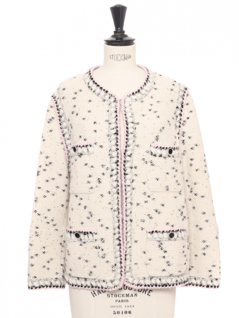 Veste en laine et cachemire blanche noire lilas et dorée Pre-Fall 2021 Prix boutique 3500€ Taille 40