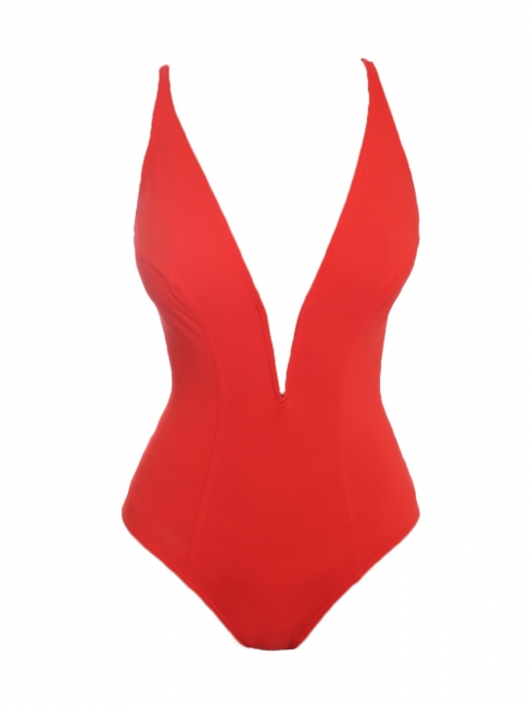 One-piece swimsuit plunging neckline bright red Retail price €595 Size 40