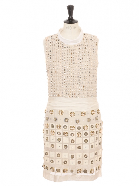 Cream white silk dress embroidered with gold brass, beads and Swarovski crystals Retail price €6000 Size 38