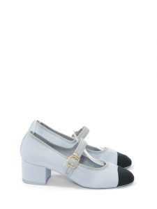Light blue mary jane low heel shoes with black CC toes Retail price €1,150 Size 38