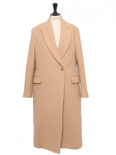 Camel brown wool V-neck long coat Retail price €1500 Size 40