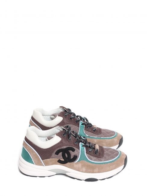 Baskets en cuir et toile marron et turquoise Prix boutique 1200€ Taille 38