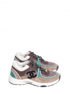 Baskets en cuir et toile marron et turquoise Prix boutique 1200€ Taille 38