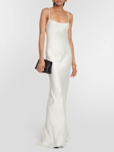 White satin deep open back with crossed straps wedding gown Size S