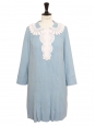 Long-sleeved short dress in light blue hemp with lace collar Retail price €1500 Size 36/38