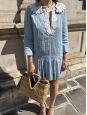 Long-sleeved short dress in light blue hemp with lace collar Retail price €1500 Size 36/38