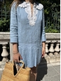 Robe courte manches longues en chanvre bleu clair col dentelle Prix boutique 1500€ Taille 36/38