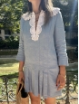 Long-sleeved short dress in light blue hemp with lace collar Retail price €1500 Size 36/38
