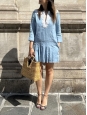 Long-sleeved short dress in light blue hemp with lace collar Retail price €1500 Size 36/38