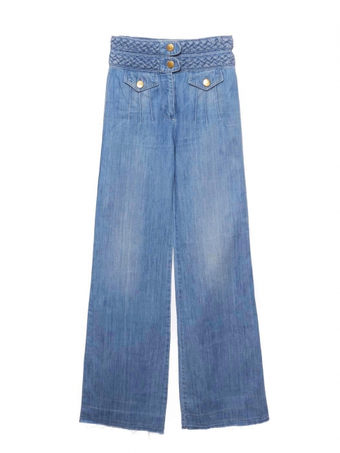 Jean flare taille haute ceinture tress&eacute;e en coton bleu moyen Px boutique 990&euro; Taille 38