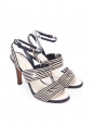 Sandales à talon en cuir bleu marine à rayures blanc crème Croisière 2020/2021 Prix boutique 950€ Taille 38